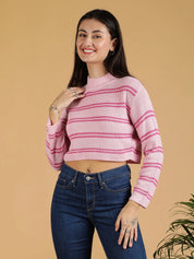 KOTTY Printed High Neck Casual Women Pink Sweater 