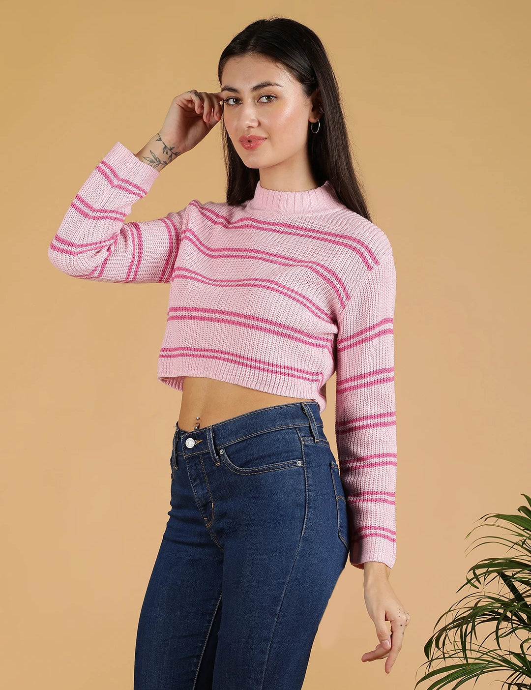 KOTTY Printed High Neck Casual Women Pink Sweater 
