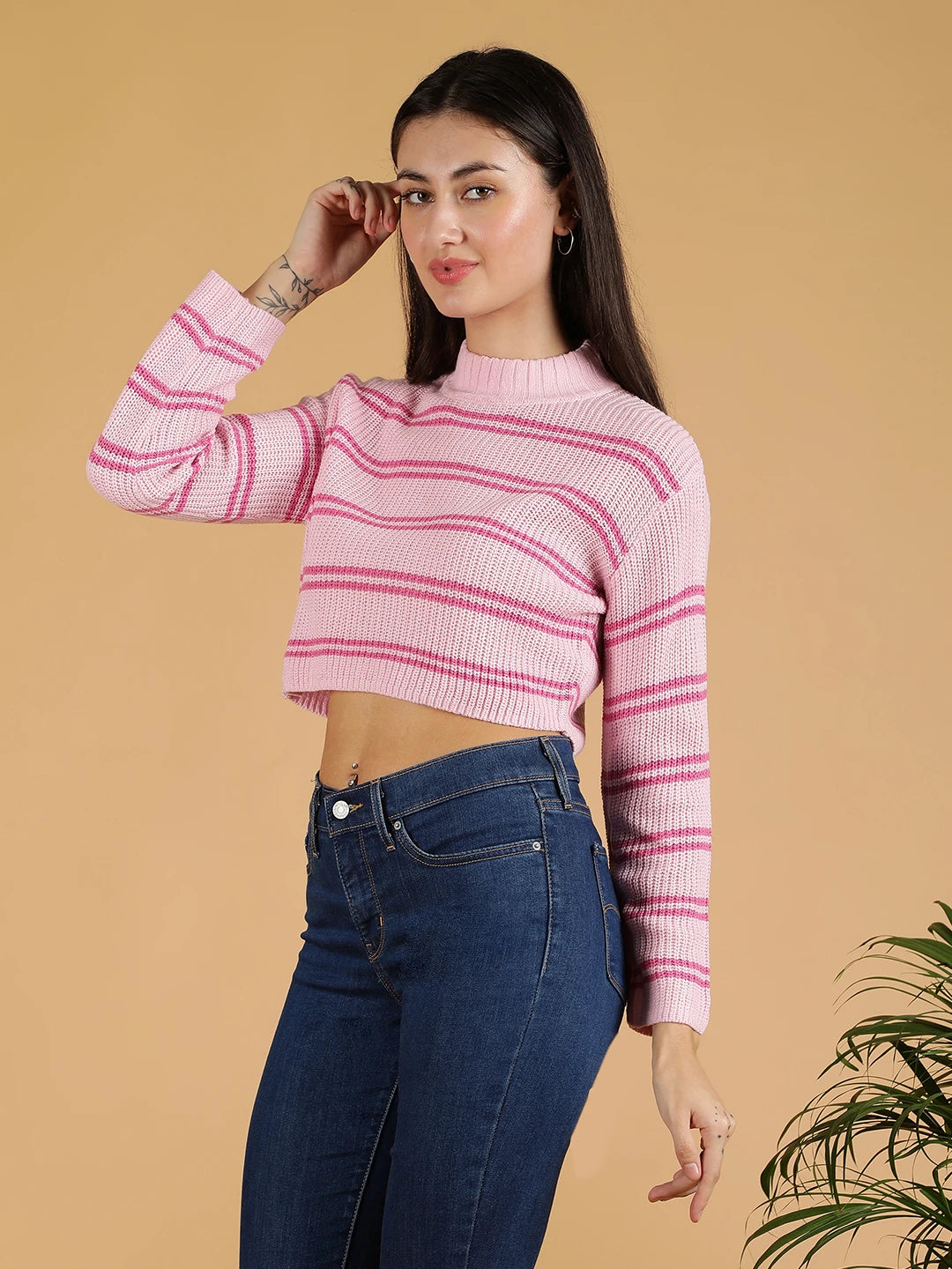 KOTTY Printed High Neck Casual Women Pink Sweater 