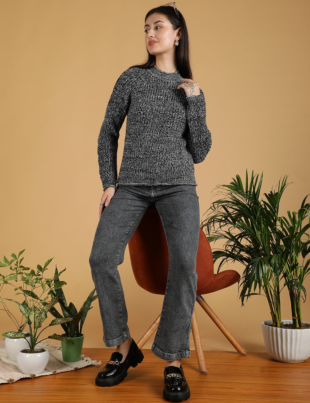 KOTTY Solid High Neck Casual Women Grey Sweater 