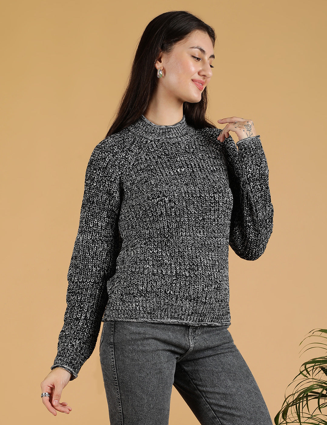 KOTTY Solid High Neck Casual Women Grey Sweater 