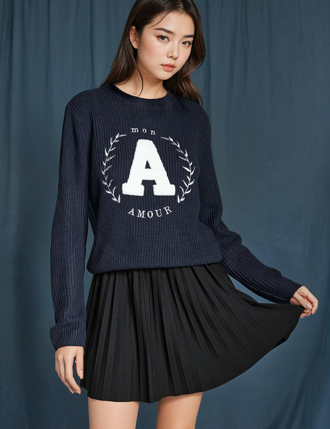 KOTTY Printed Round Neck Casual Women Dark Blue Sweater 