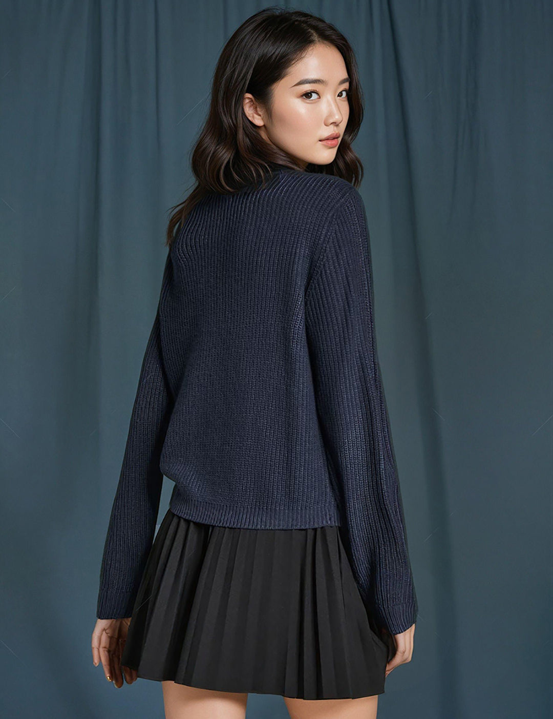 KOTTY Printed Round Neck Casual Women Dark Blue Sweater 