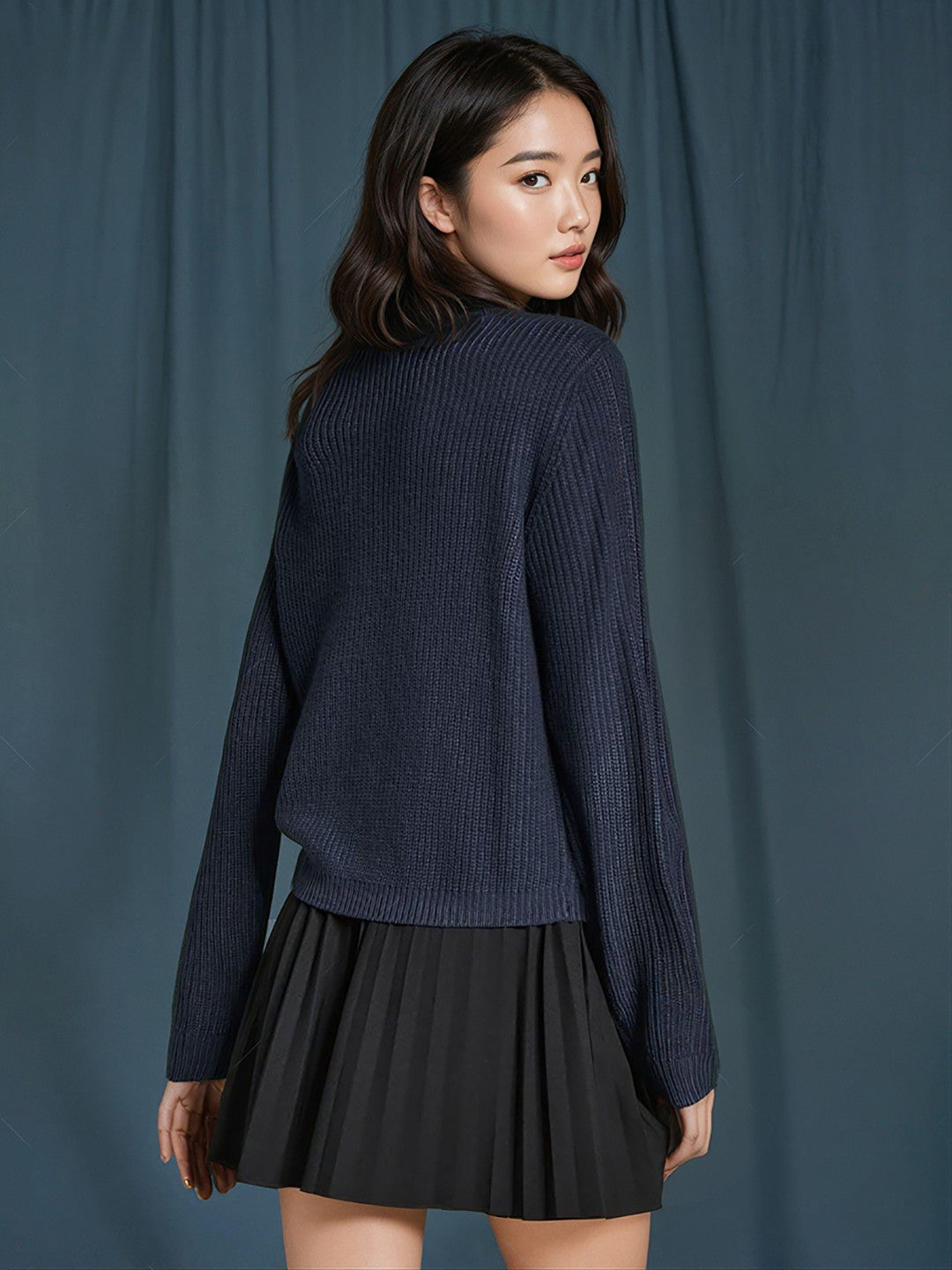 KOTTY Printed Round Neck Casual Women Dark Blue Sweater 