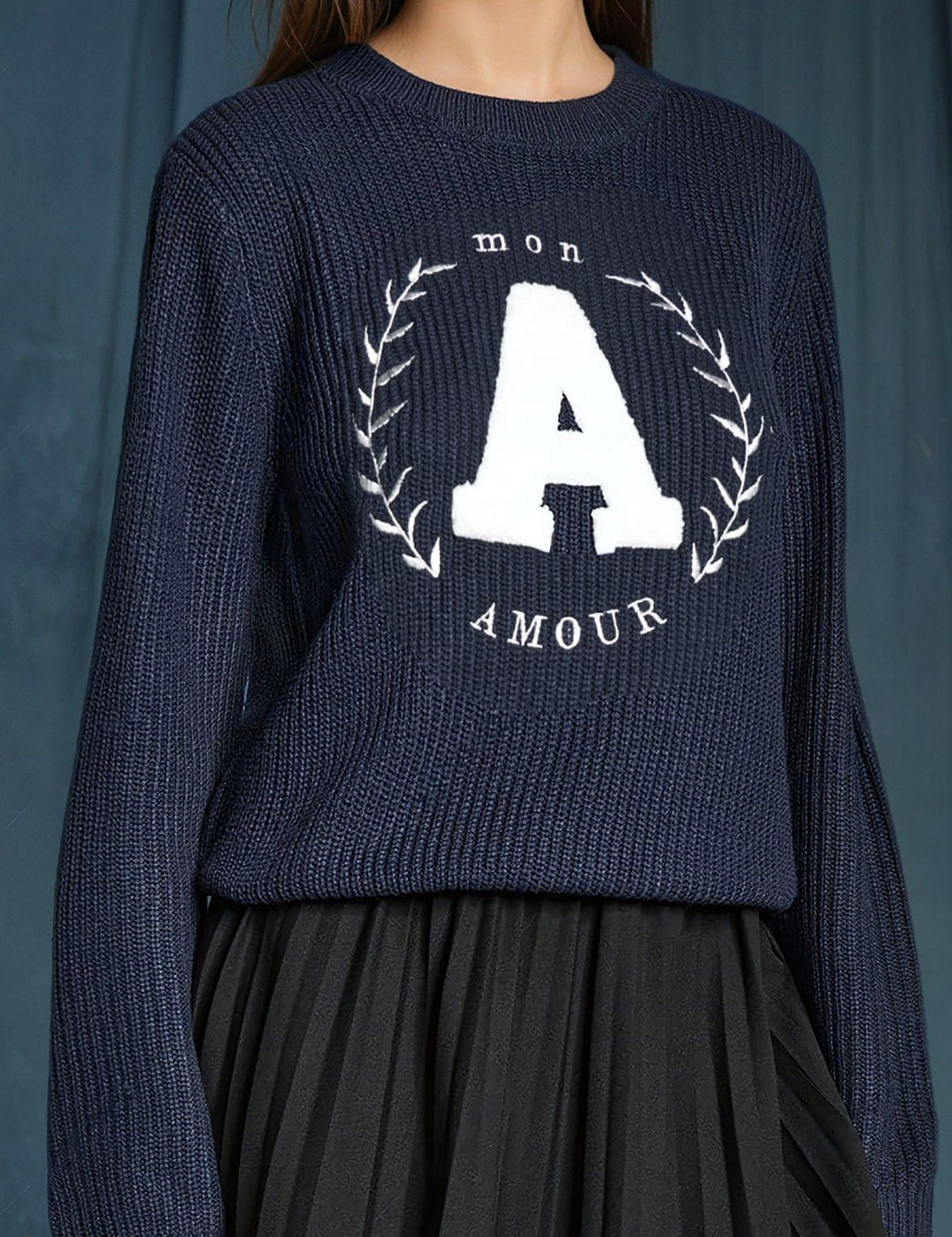 KOTTY Printed Round Neck Casual Women Dark Blue Sweater 