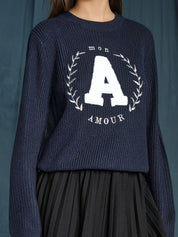 KOTTY Printed Round Neck Casual Women Dark Blue Sweater 