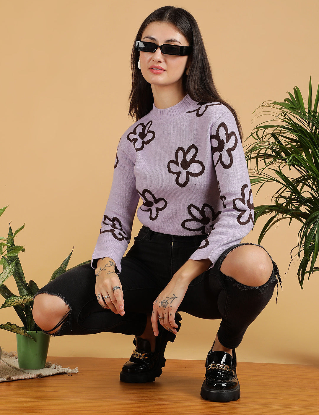 KOTTY Printed High Neck Casual Women Multicolor Sweater 