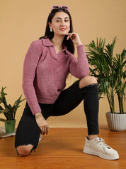 KOTTY Solid High Neck Casual Women Pink Sweater 