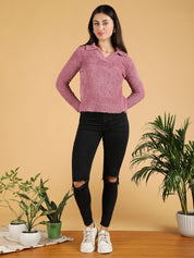 KOTTY Solid High Neck Casual Women Pink Sweater 