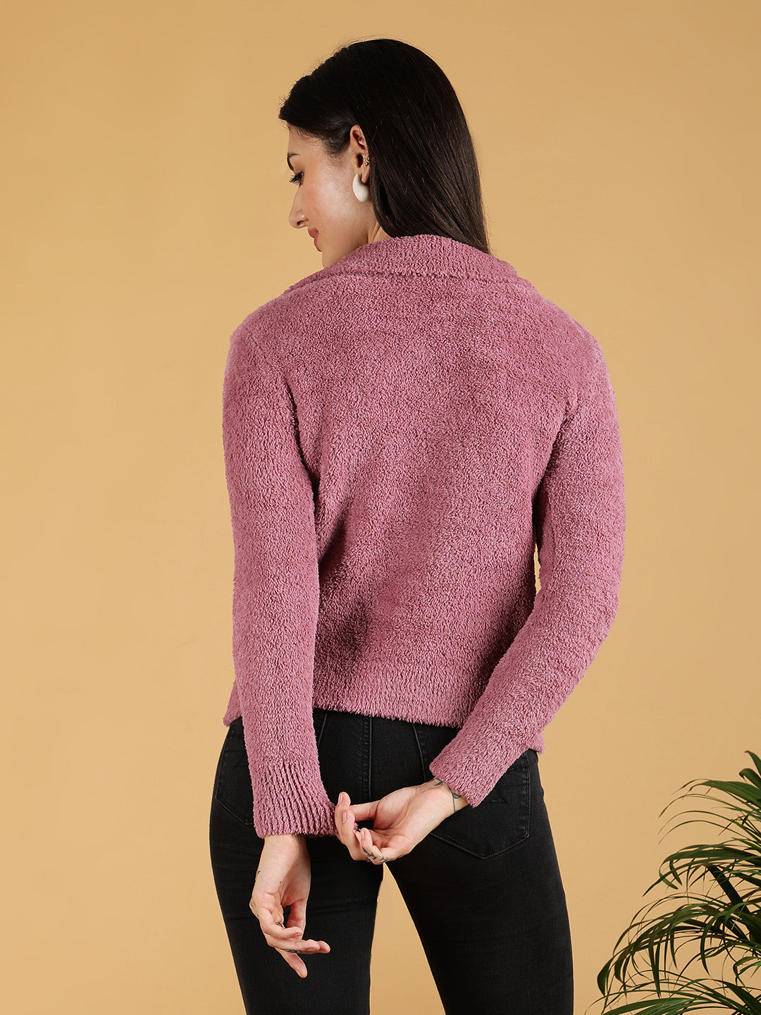 KOTTY Solid High Neck Casual Women Pink Sweater 