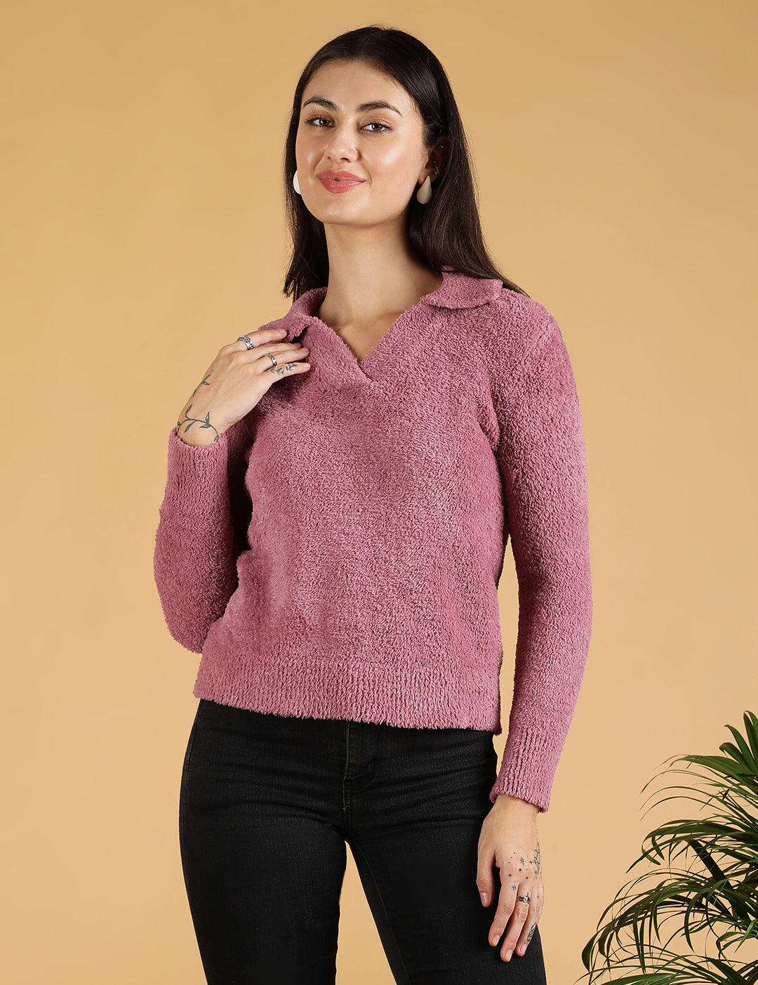 KOTTY Solid High Neck Casual Women Pink Sweater 