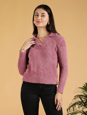 KOTTY Solid High Neck Casual Women Pink Sweater 