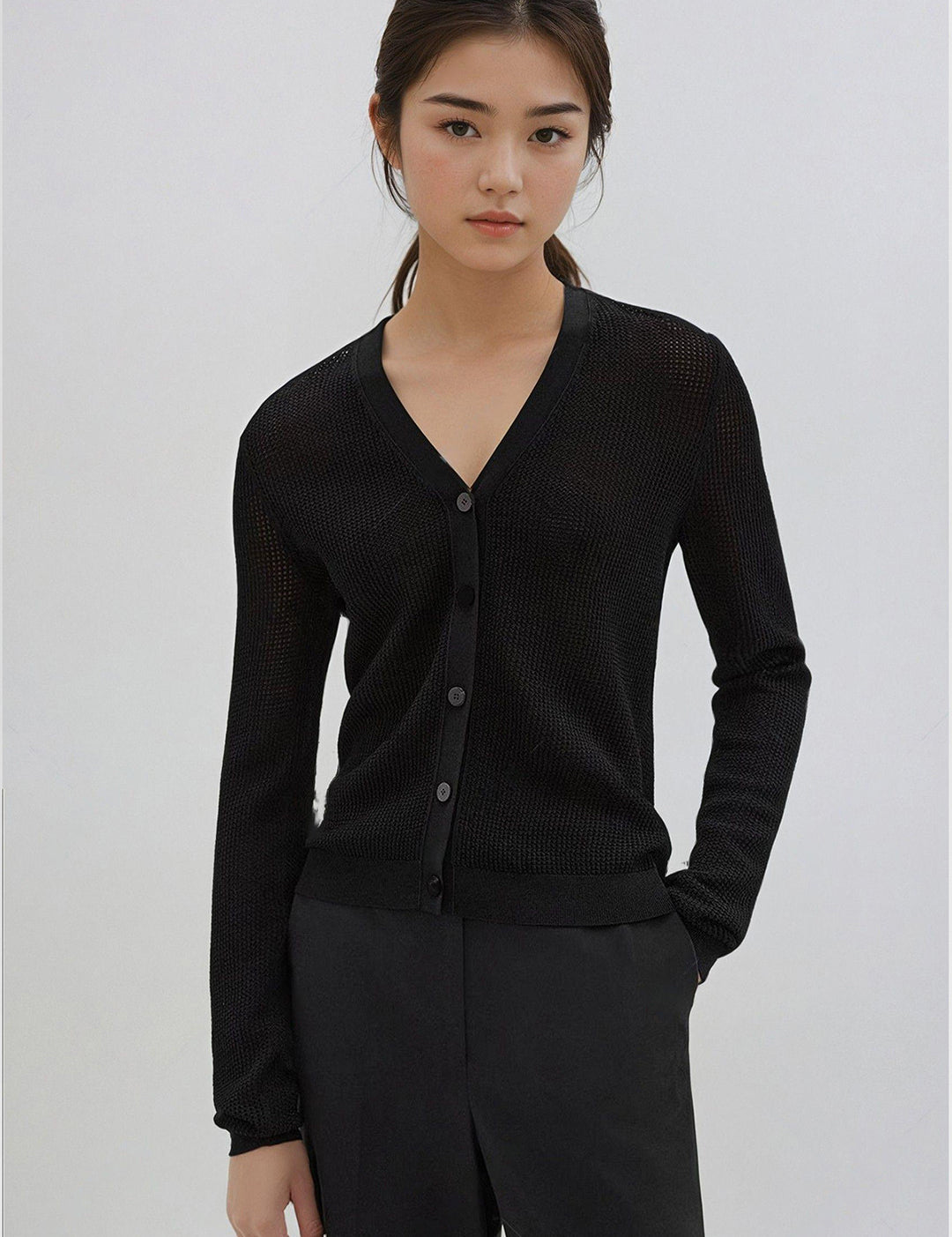 KOTTY Solid V Neck Casual Women Black Sweater 
