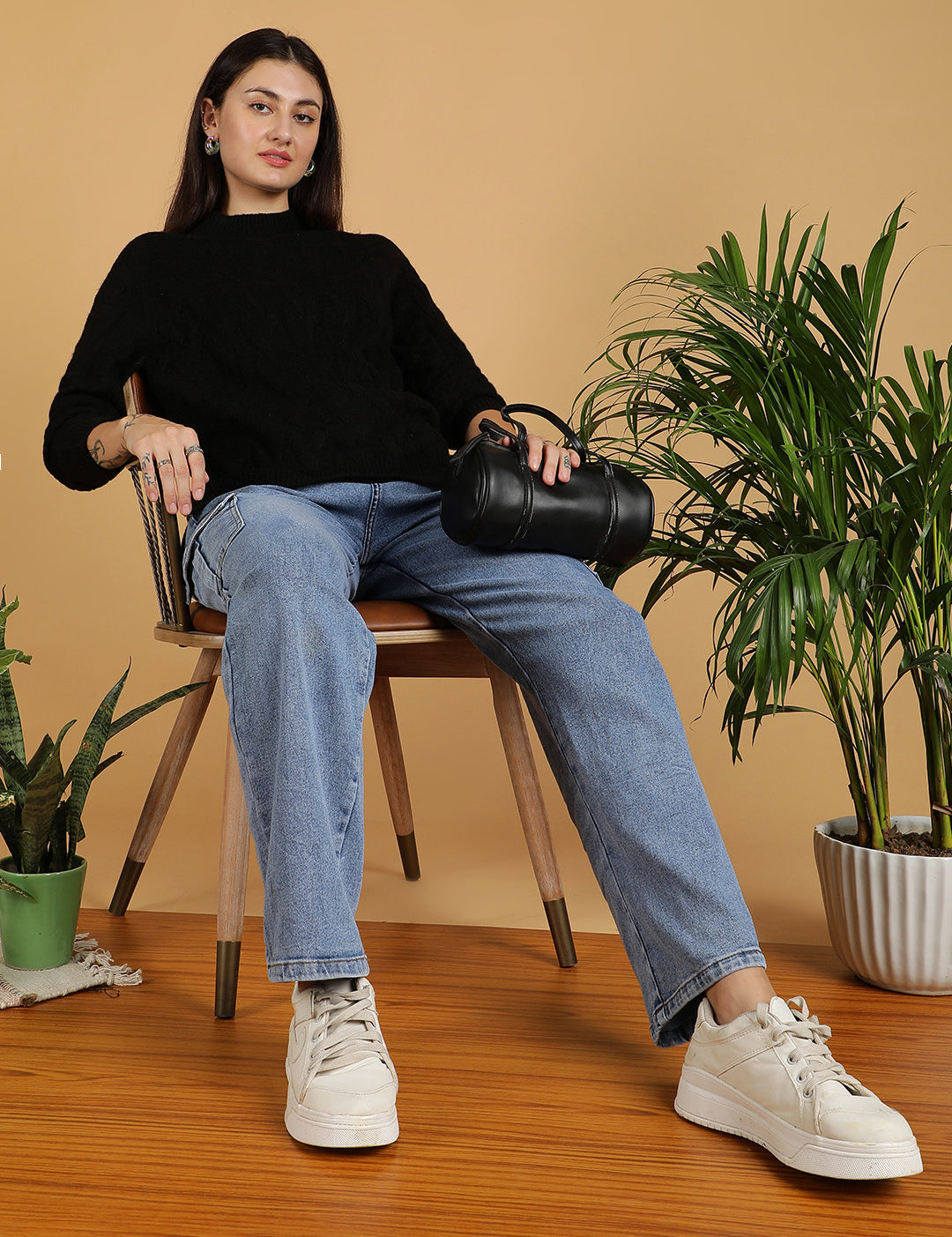 KOTTY Solid High Neck Casual Women Black Sweater 