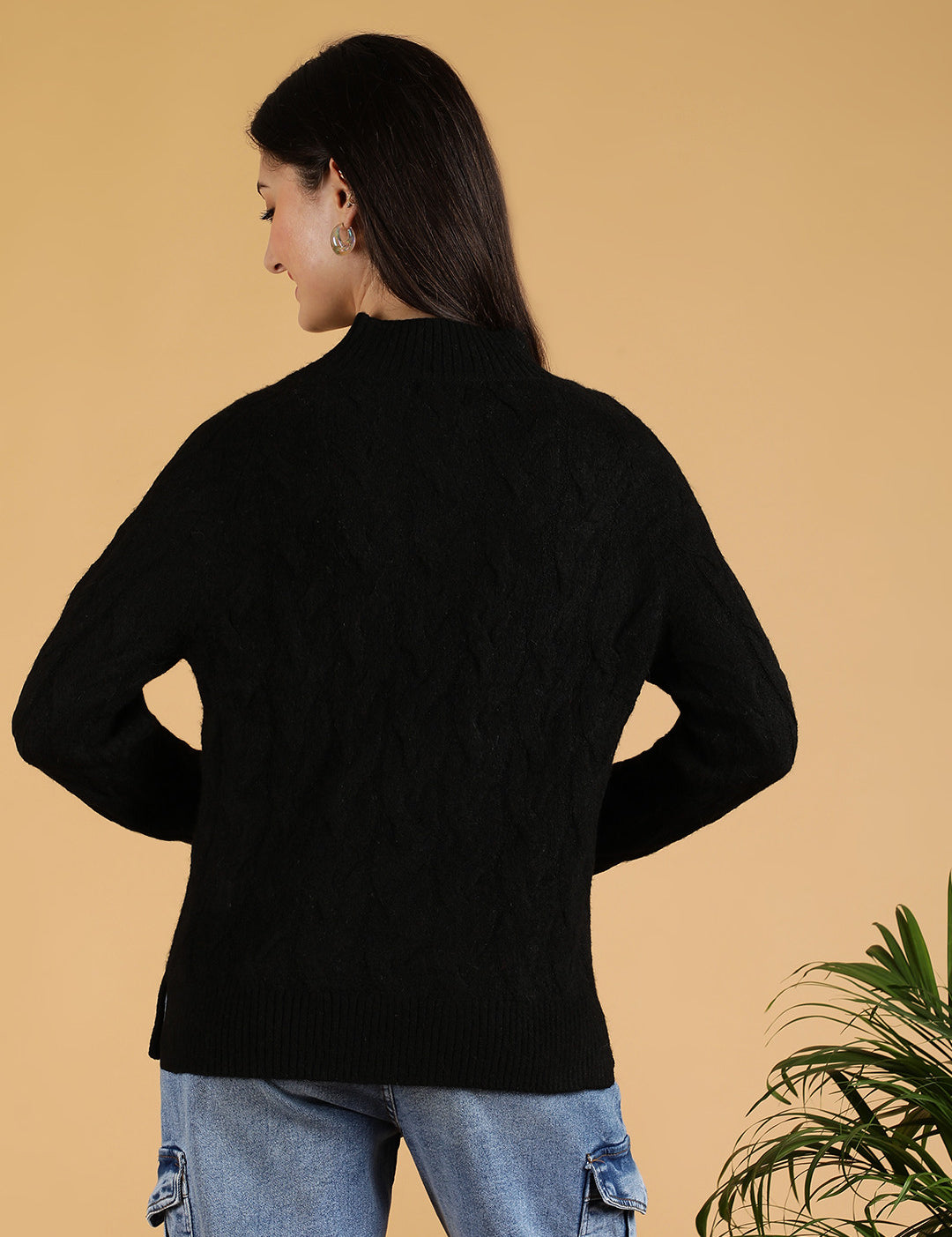 KOTTY Solid High Neck Casual Women Black Sweater 
