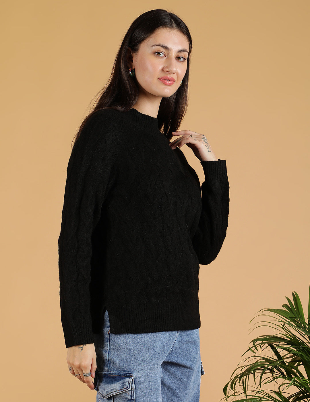 KOTTY Solid High Neck Casual Women Black Sweater 