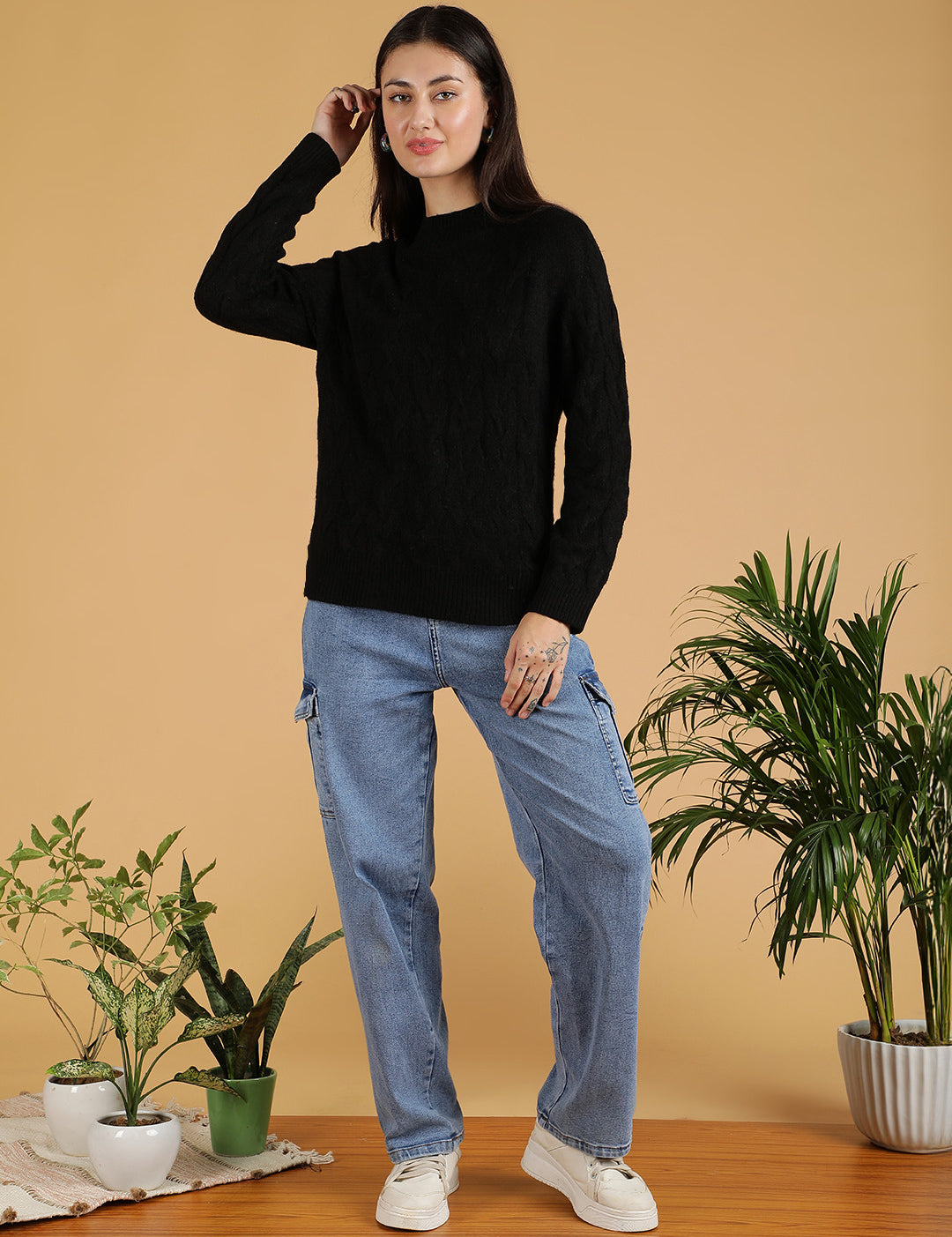 KOTTY Solid High Neck Casual Women Black Sweater 