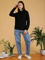 KOTTY Solid High Neck Casual Women Black Sweater 