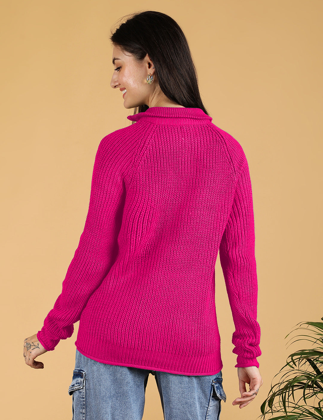 KOTTY Solid High Neck Casual Women Pink Sweater 