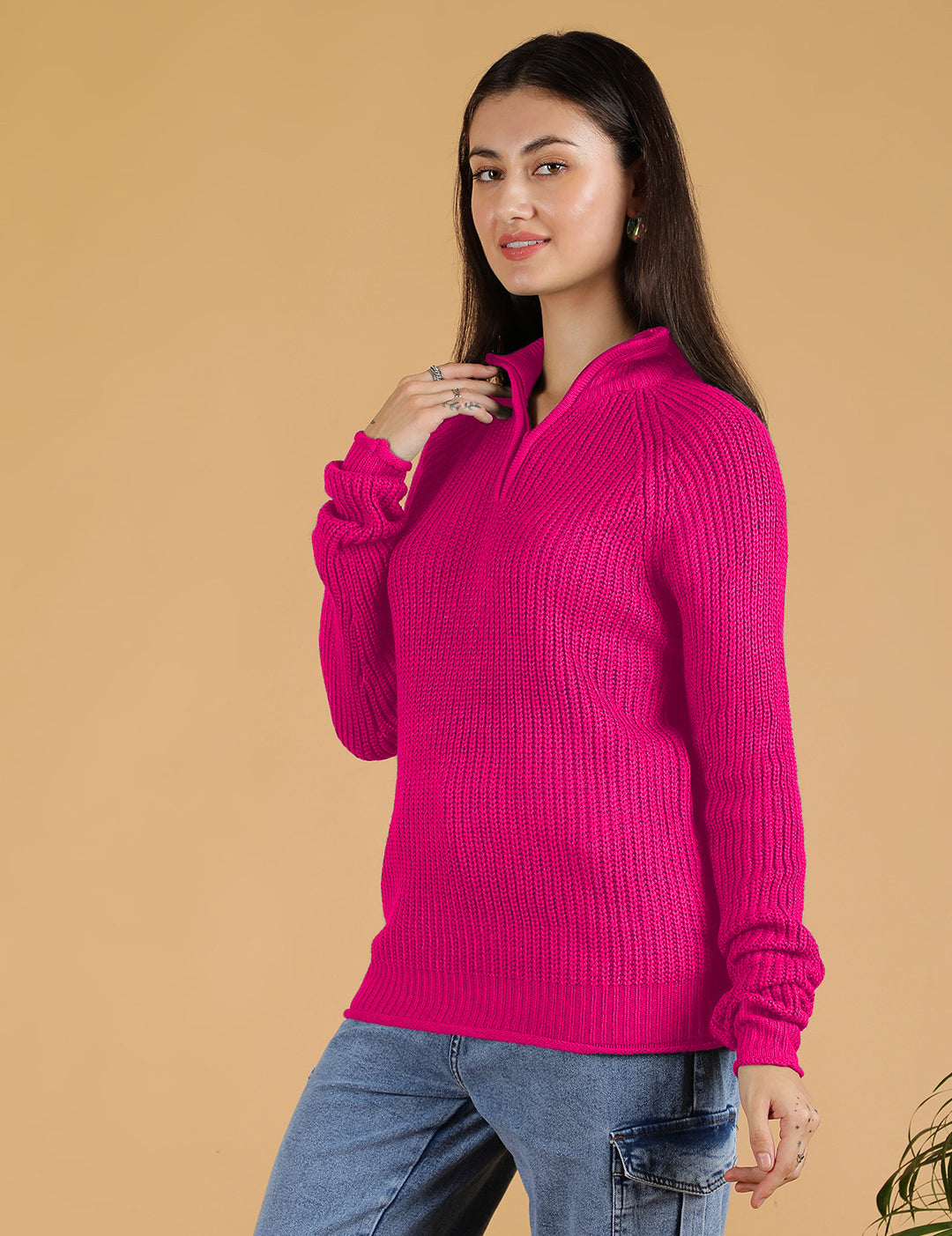 KOTTY Solid High Neck Casual Women Pink Sweater 