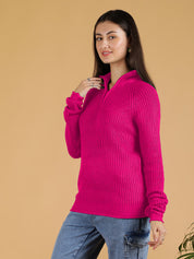 KOTTY Solid High Neck Casual Women Pink Sweater 