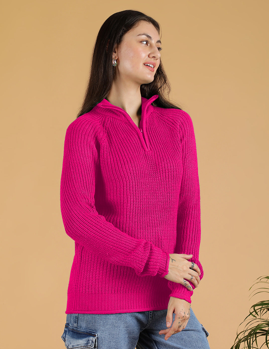 KOTTY Solid High Neck Casual Women Pink Sweater 