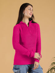 KOTTY Solid High Neck Casual Women Pink Sweater 