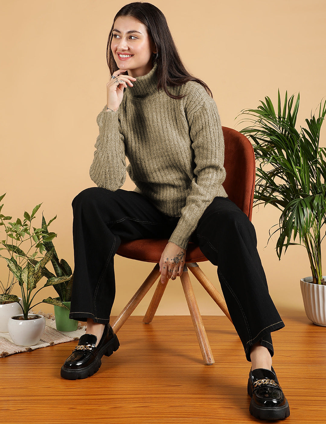 KOTTY Woven Collared Neck Casual Women Green Sweater 