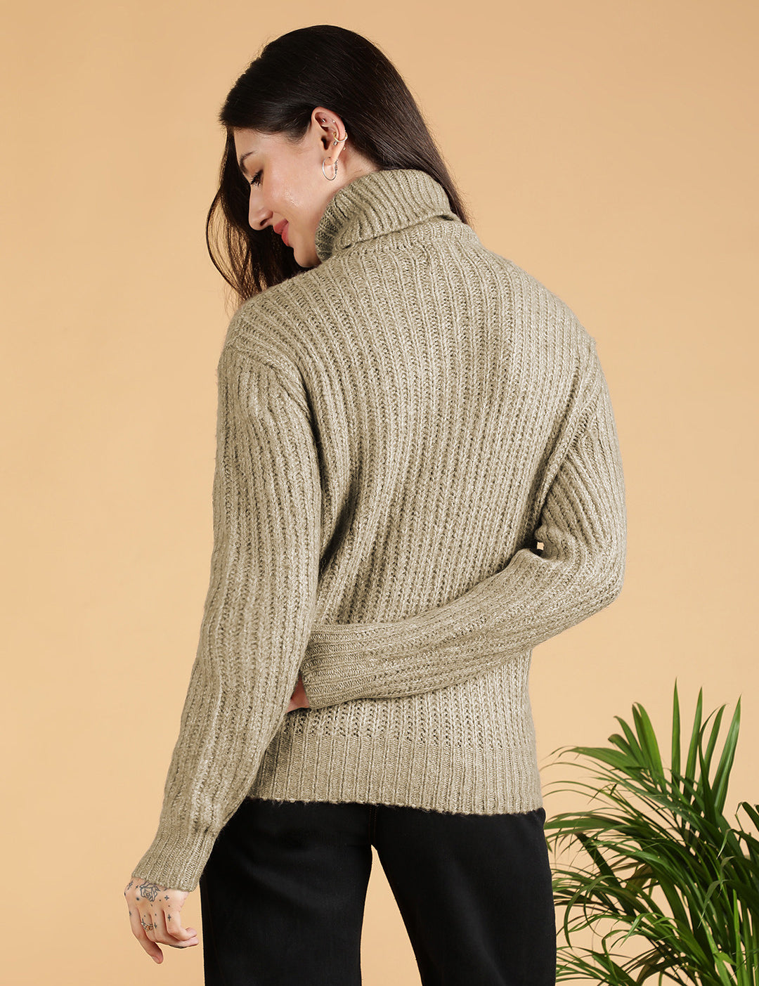 KOTTY Woven Collared Neck Casual Women Green Sweater 