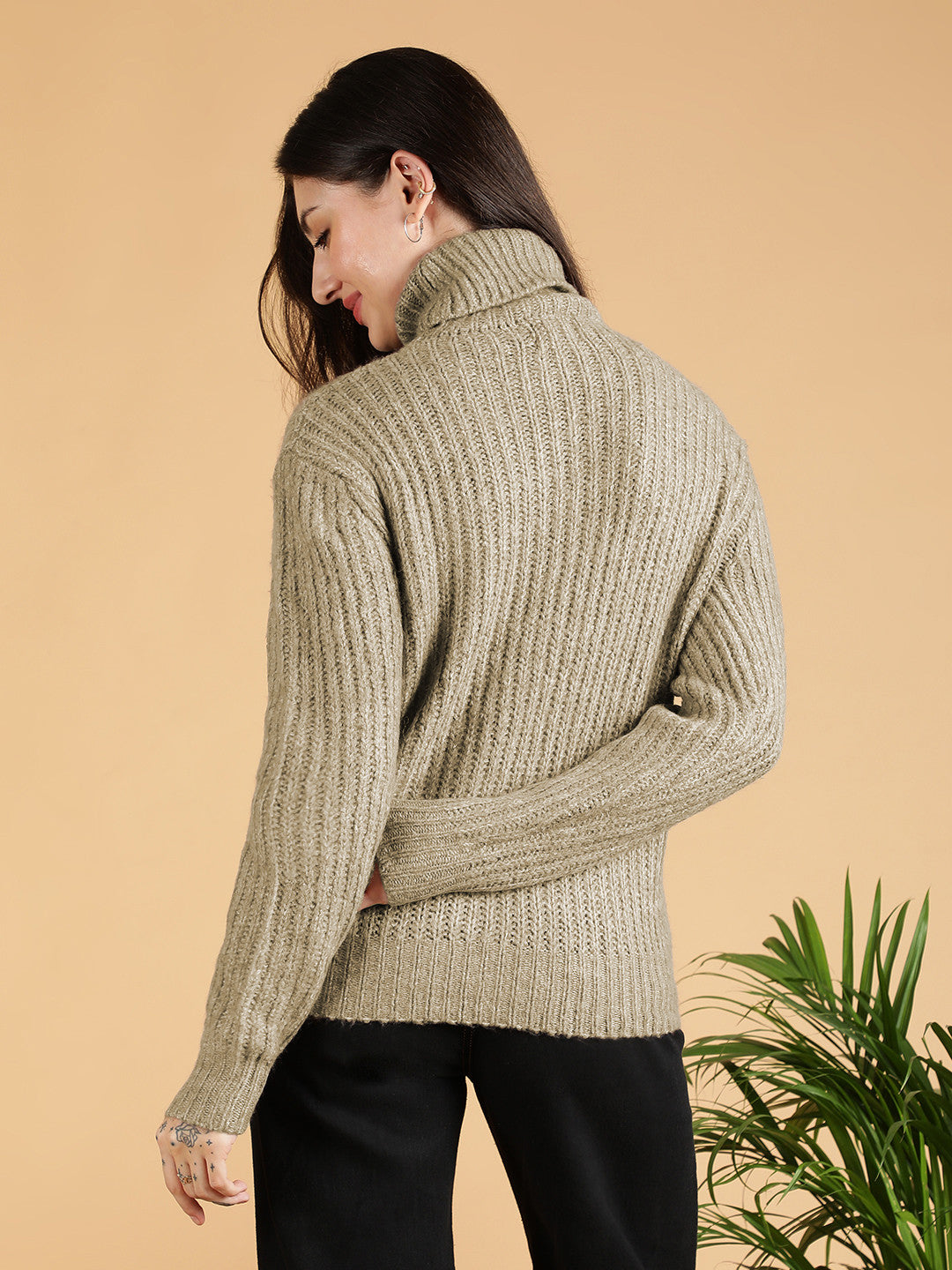 KOTTY Woven Collared Neck Casual Women Green Sweater 