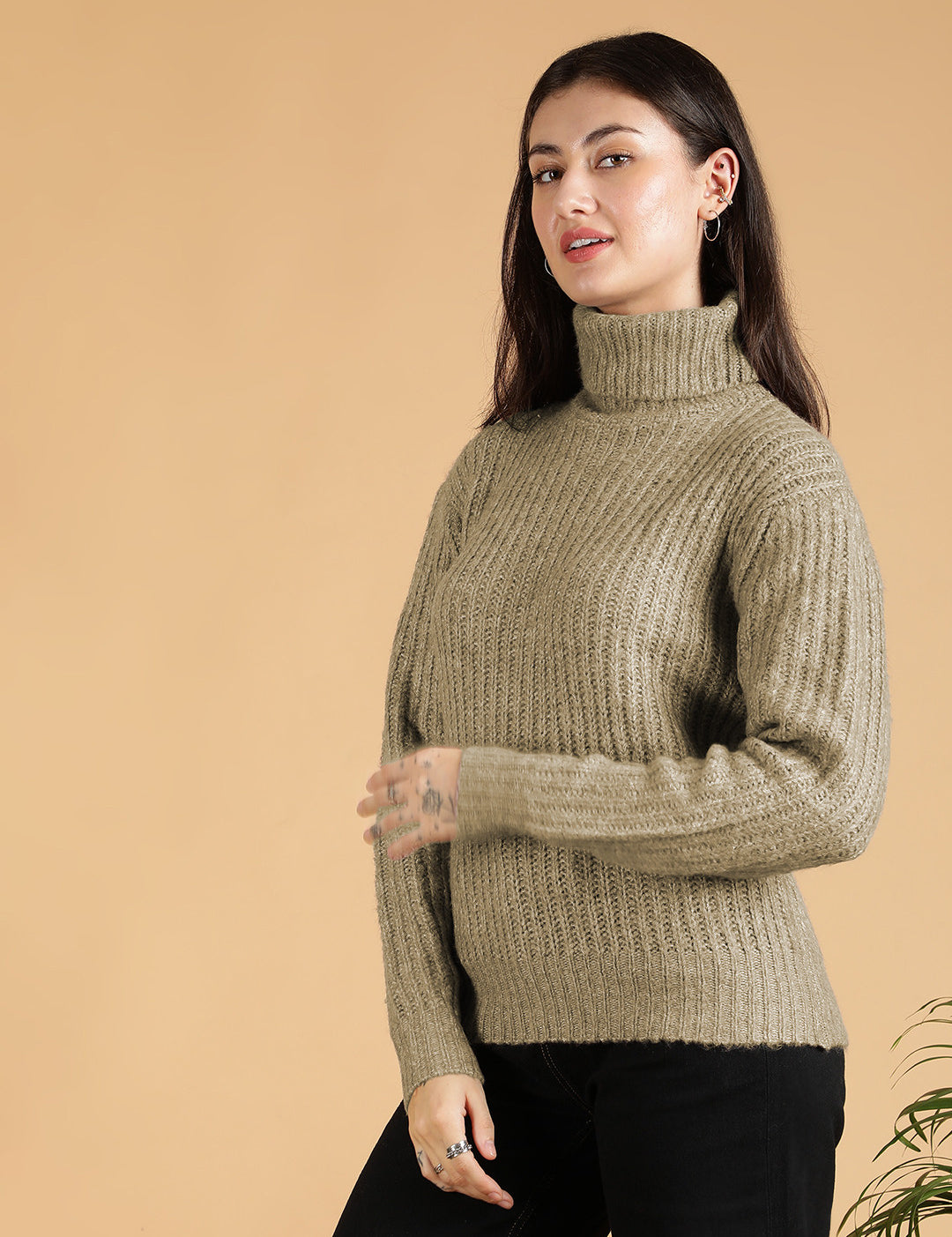 KOTTY Woven Collared Neck Casual Women Green Sweater 