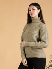 KOTTY Woven Collared Neck Casual Women Green Sweater 