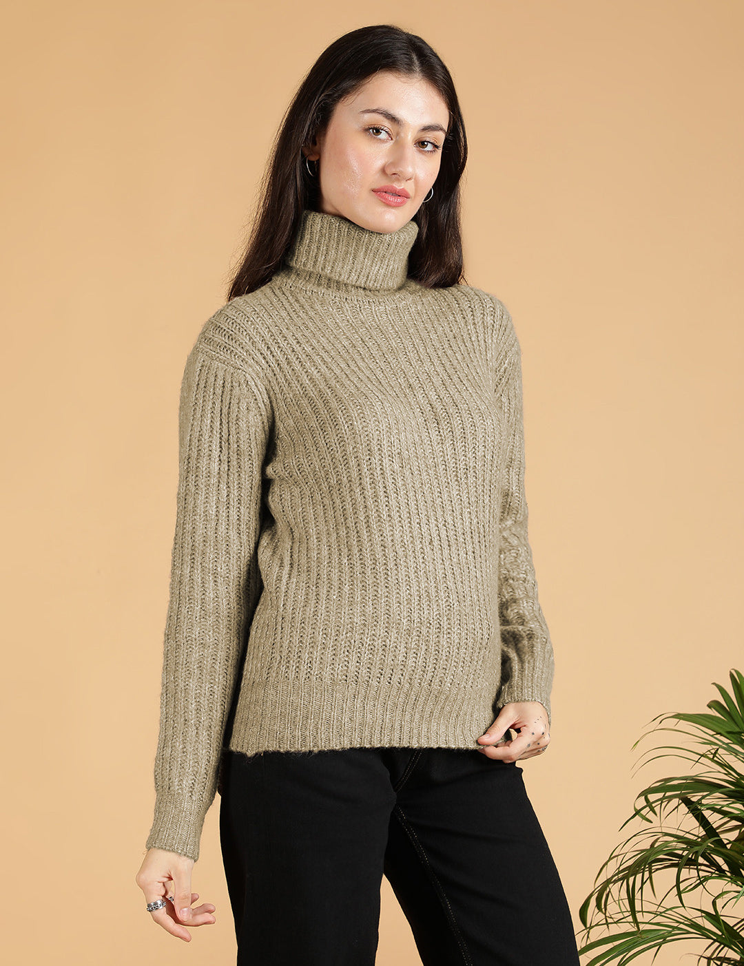 KOTTY Woven Collared Neck Casual Women Green Sweater 