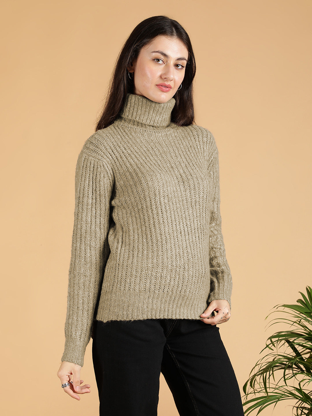 KOTTY Woven Collared Neck Casual Women Green Sweater 
