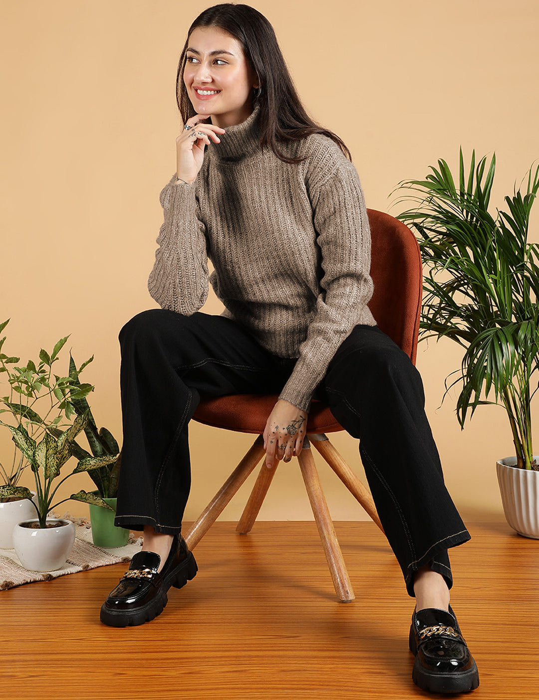 KOTTY Woven Collared Neck Casual Women Brown Sweater 