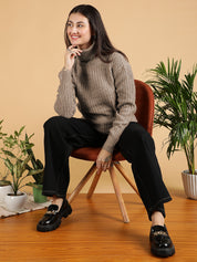 KOTTY Woven Collared Neck Casual Women Brown Sweater 