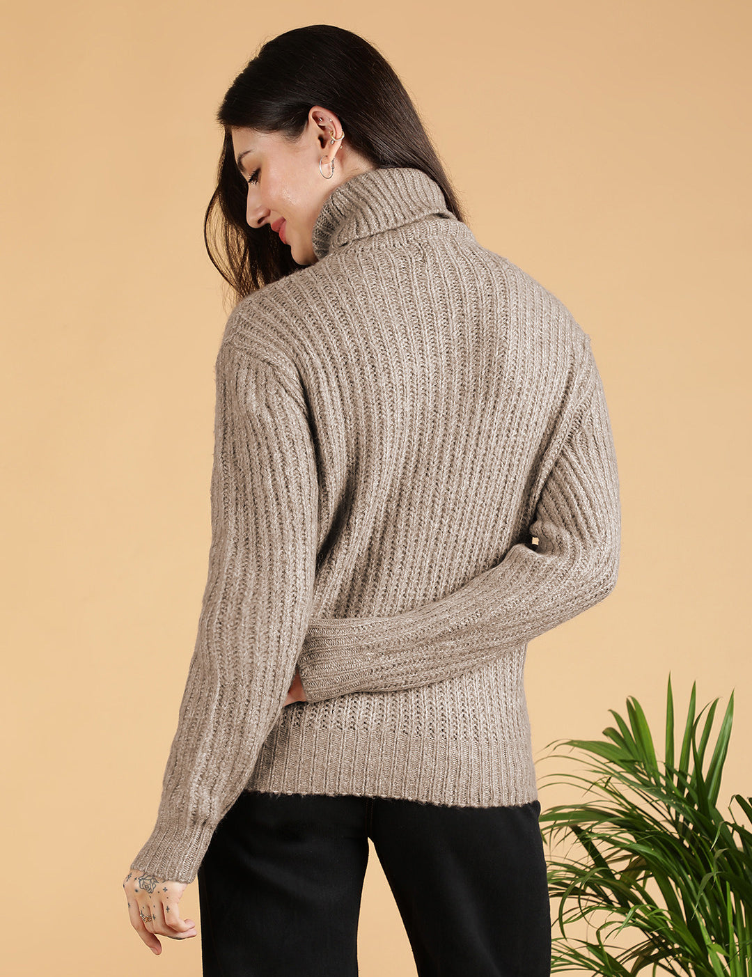 KOTTY Woven Collared Neck Casual Women Brown Sweater 
