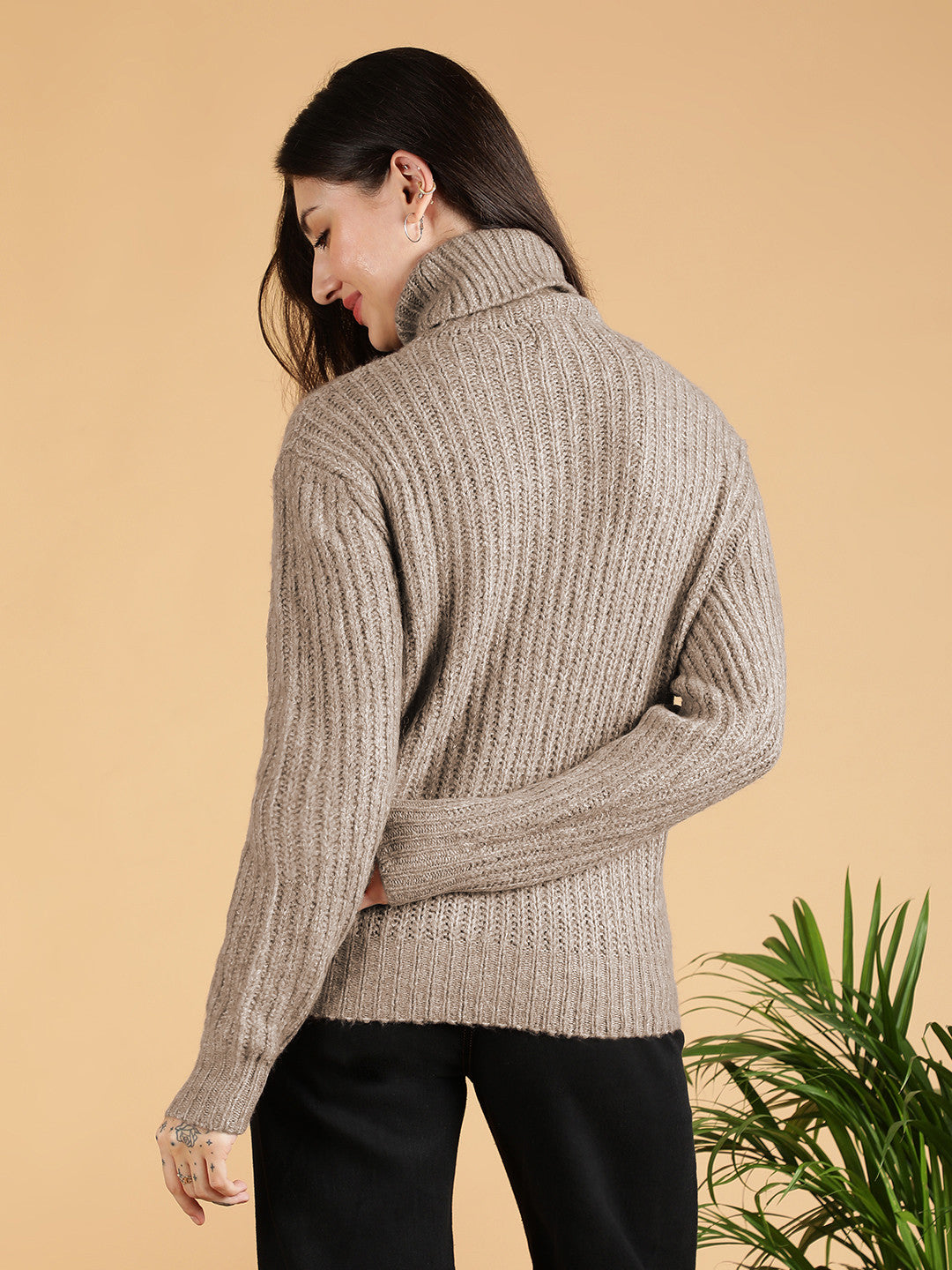 KOTTY Woven Collared Neck Casual Women Brown Sweater 