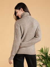 KOTTY Woven Collared Neck Casual Women Brown Sweater 