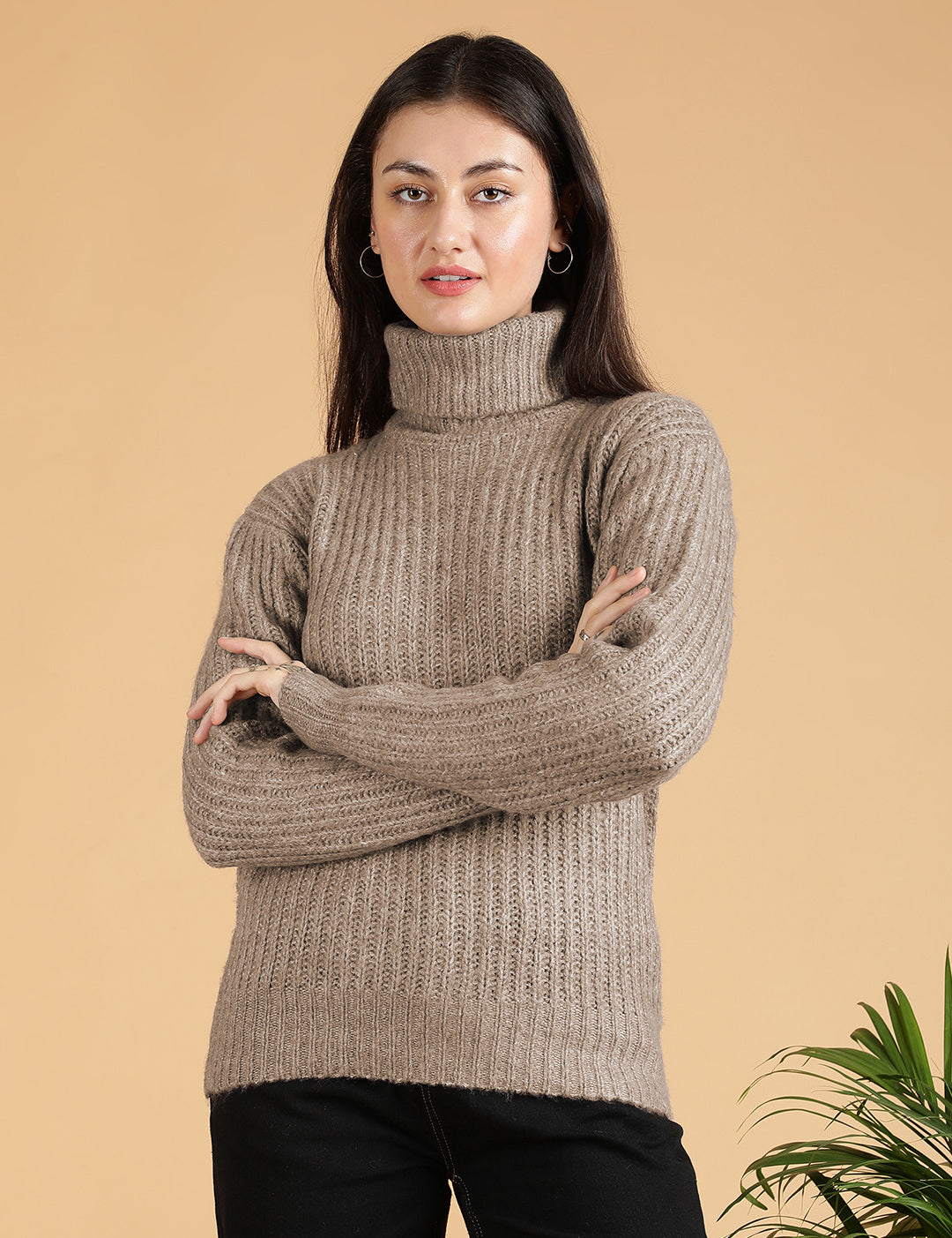 KOTTY Woven Collared Neck Casual Women Brown Sweater 