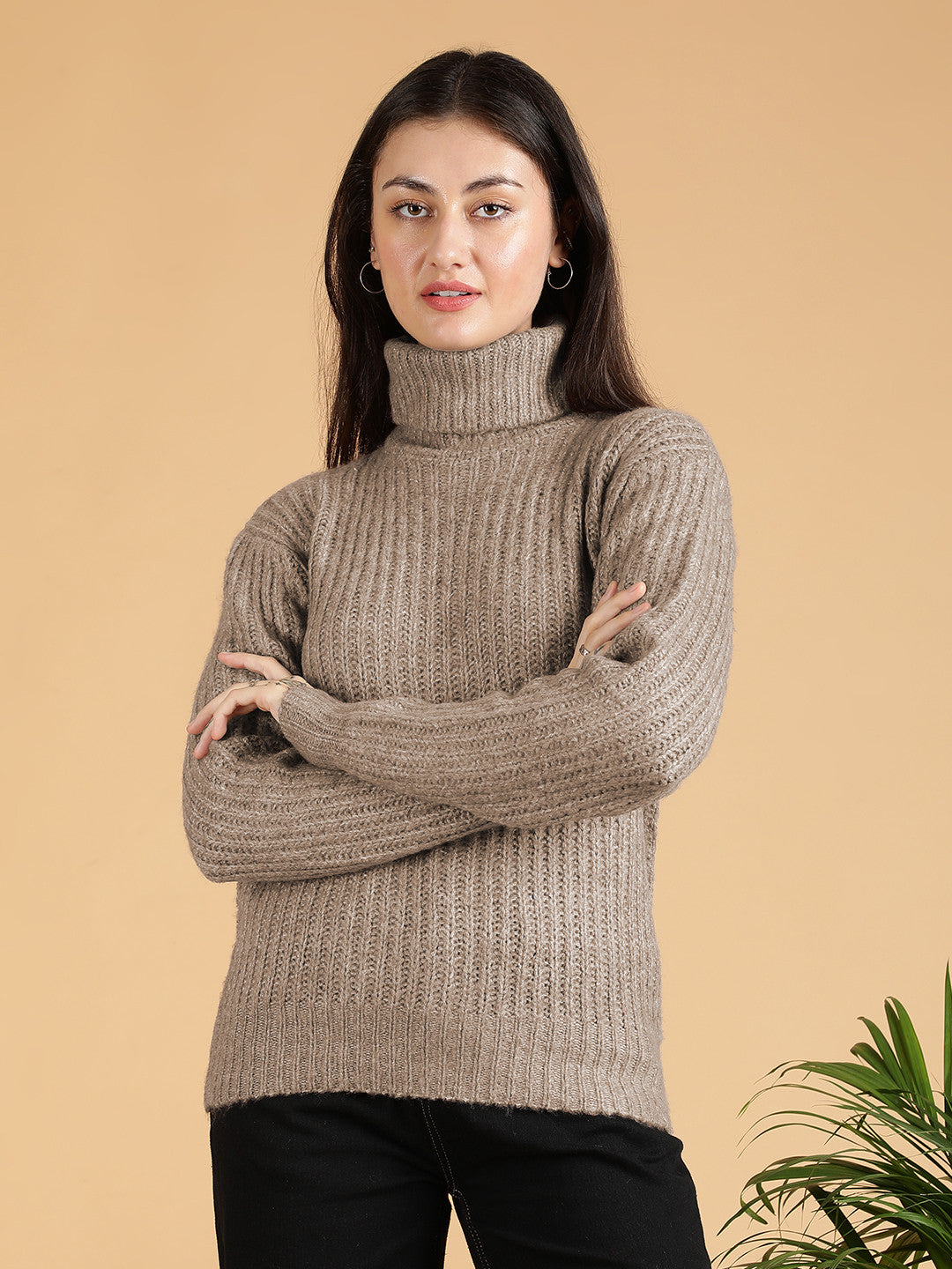 KOTTY Woven Collared Neck Casual Women Brown Sweater 