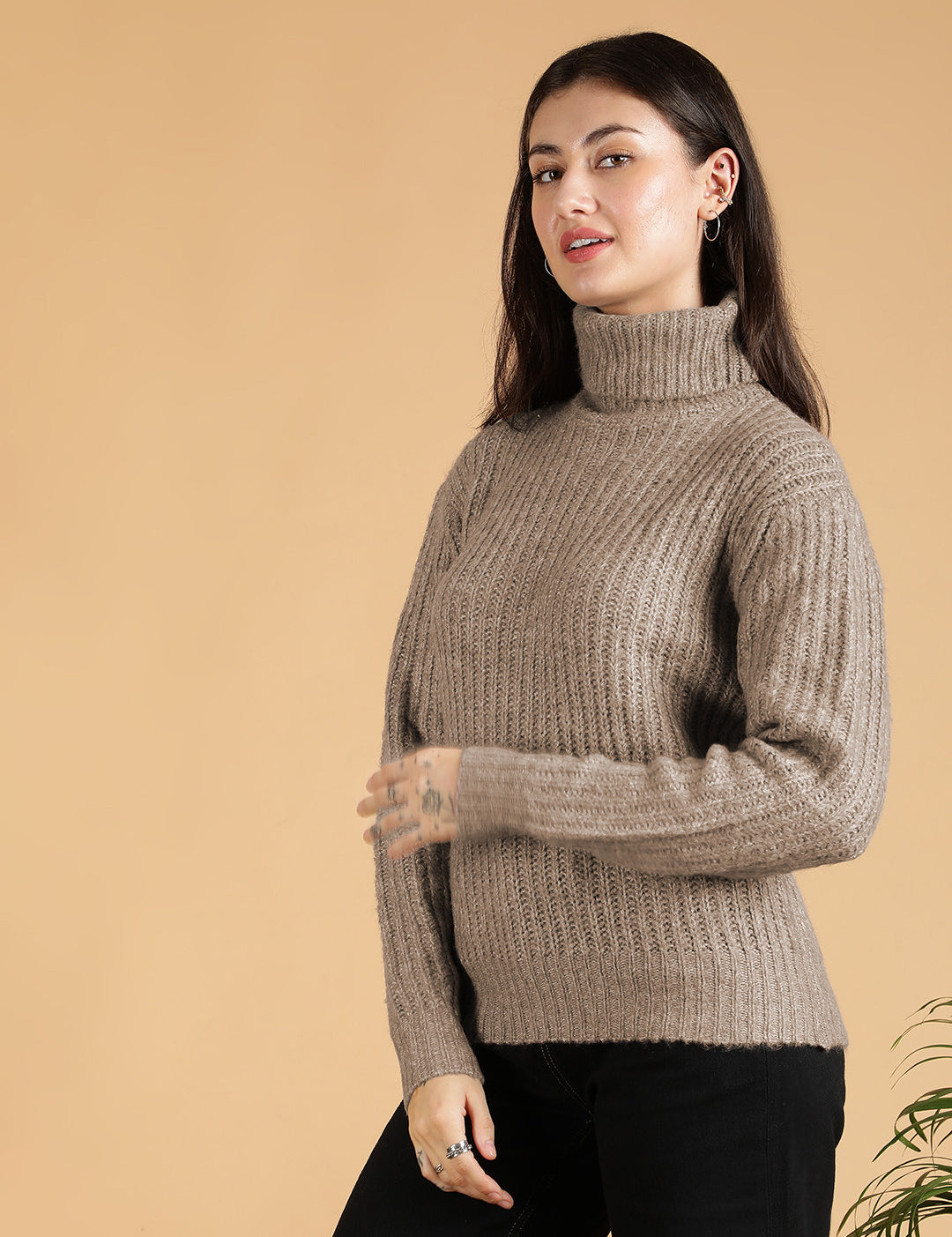 KOTTY Woven Collared Neck Casual Women Brown Sweater 