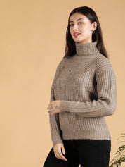 KOTTY Woven Collared Neck Casual Women Brown Sweater 