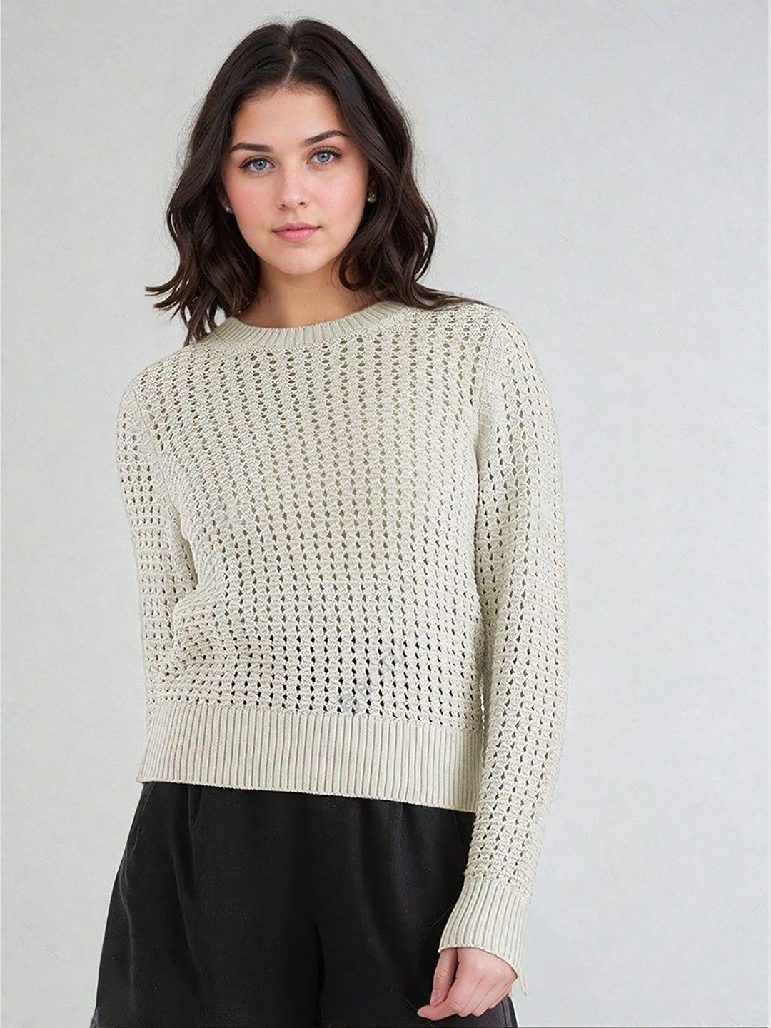 KOTTY Self Design High Neck Casual Women White Sweater 
