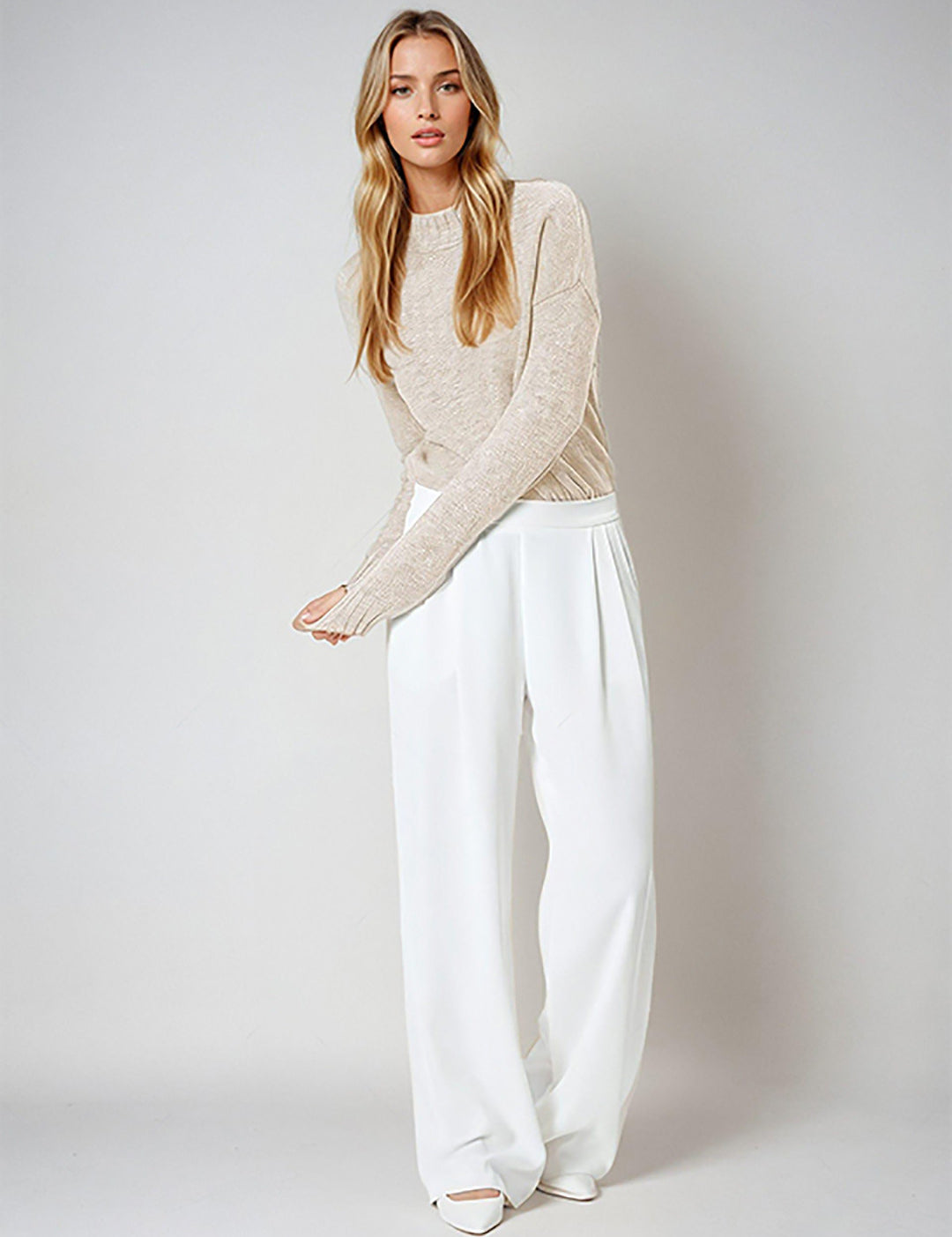 KOTTY Self Design Round Neck Casual Women Beige Sweater 
