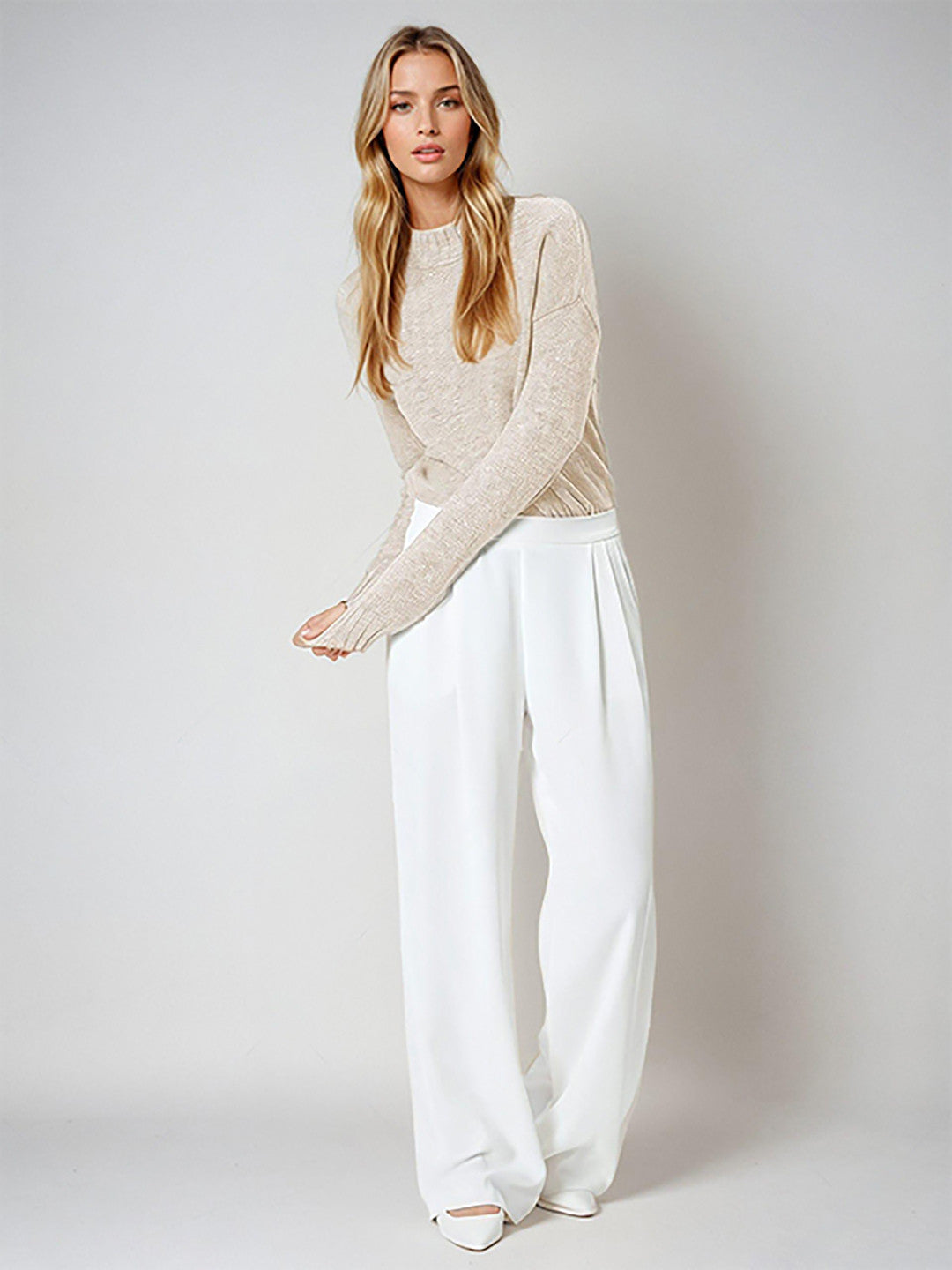 KOTTY Self Design Round Neck Casual Women Beige Sweater 