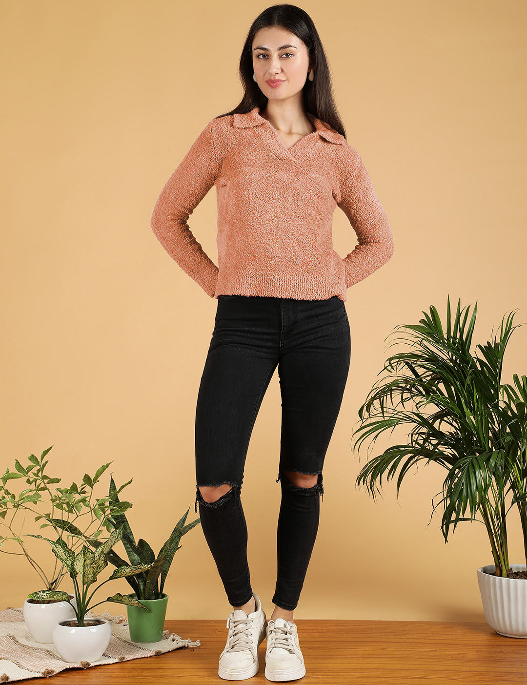 KOTTY Woven Collared Neck Casual Women Pink Sweater 