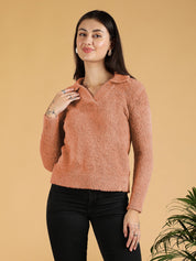 KOTTY Woven Collared Neck Casual Women Pink Sweater 
