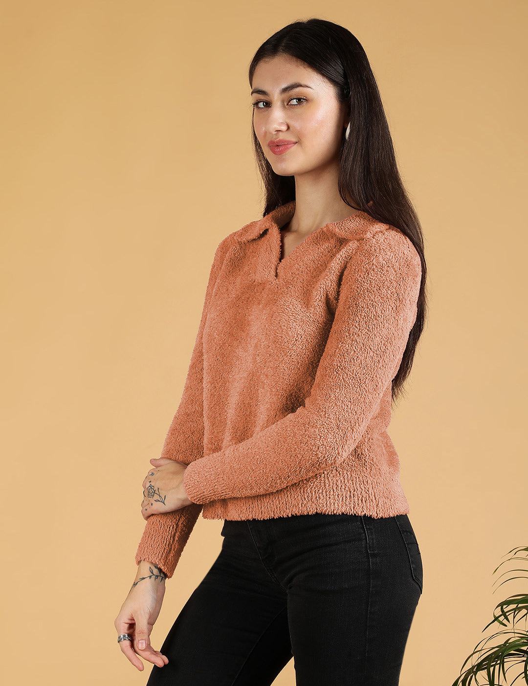 KOTTY Woven Collared Neck Casual Women Pink Sweater 