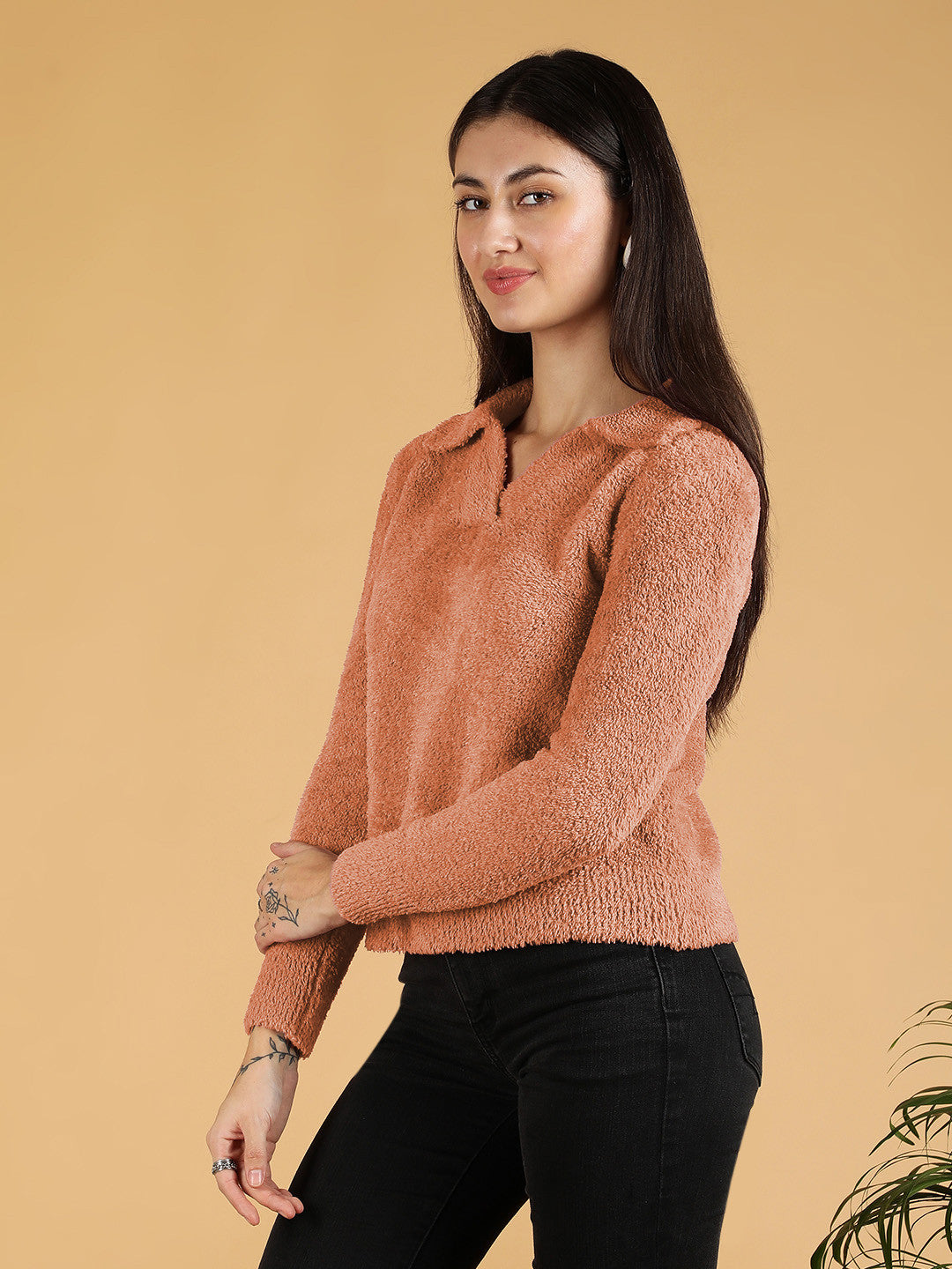 KOTTY Woven Collared Neck Casual Women Pink Sweater 
